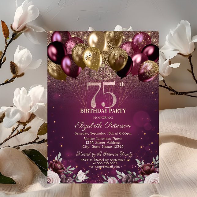Burgundy Glitter Balloons Flowers 75th Birthday  Invitation (Creator Uploaded)