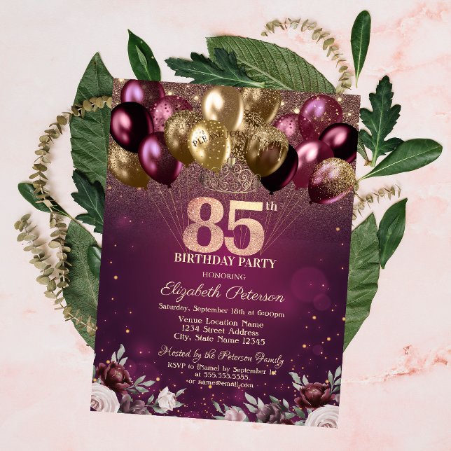 Burgundy Glitter Balloons Flowers 85th Birthday  Invitation (Creator Uploaded)