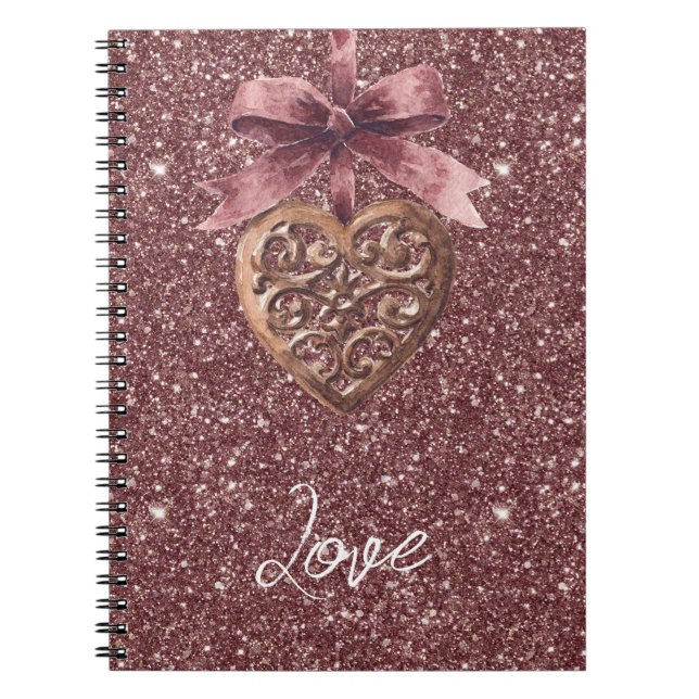 Burgundy Glitter Bow Heart Notebook (Front)