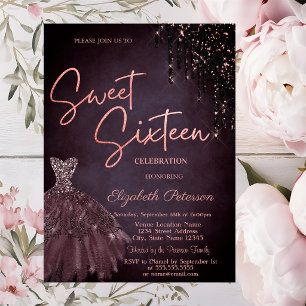 Burgundy Glitter Drips Chic Dress Sweet 16 Invitation