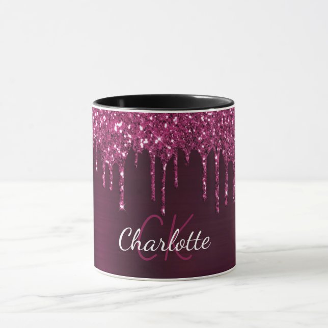 Burgundy glitter drips monogram initials  mug (Center)