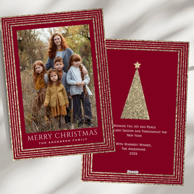 Burgundy Glitter Modern Christmas Tree Photo Holiday Card (Creator Uploaded)