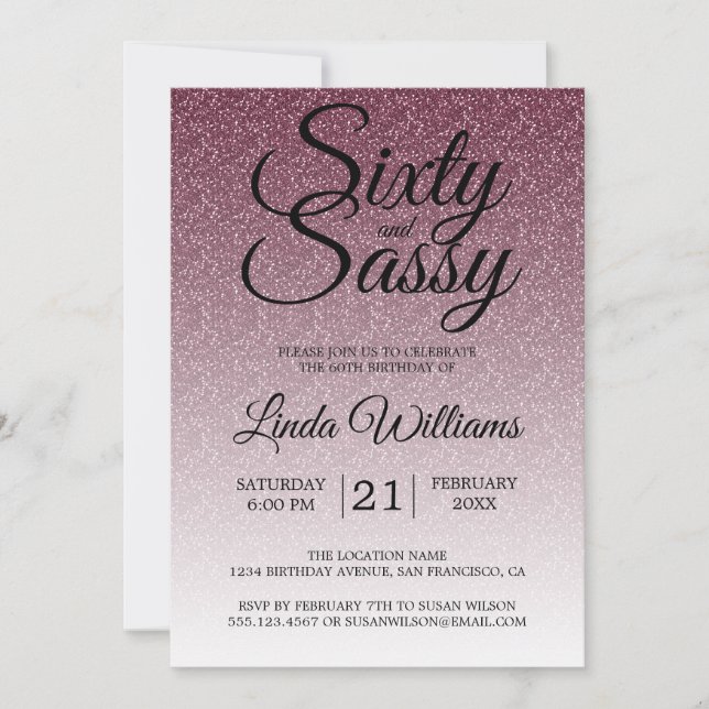 Burgundy Glitter Ombre 60 and Sassy 60th Birthday Invitation (Front)