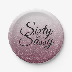 Burgundy Glitter Ombre 60 and Sassy 60th Birthday Paper Plate
