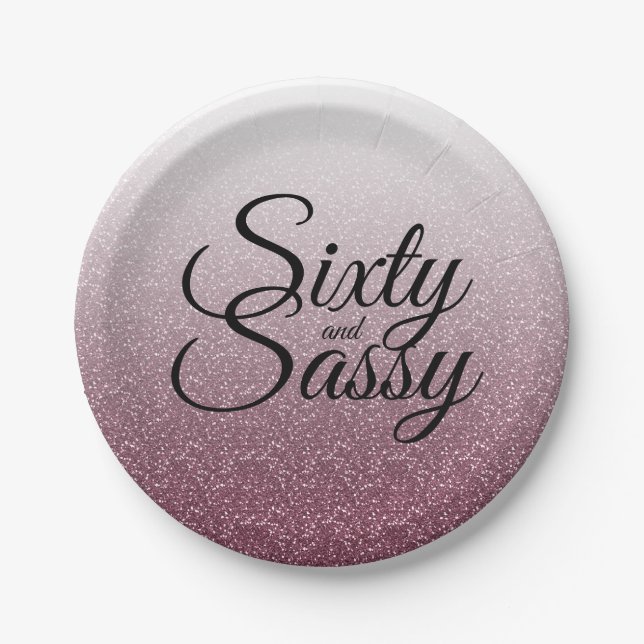 Burgundy Glitter Ombre 60 and Sassy 60th Birthday Paper Plate (Front)