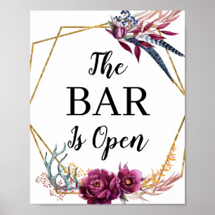 Burgundy Glitter The Bar Is Open Wedding Bar Sign