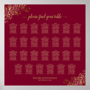 Burgundy & Gold 27 Table Wedding Seating Chart