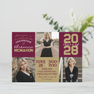 Burgundy & Gold 3 Photo Graduation Invitation