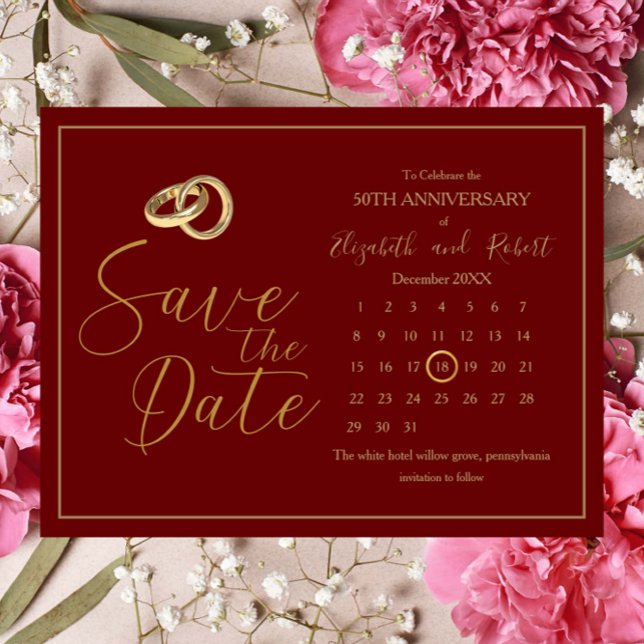 Burgundy Gold 50th Anniversary Save The Date Announcement Postcard (Creator Uploaded)