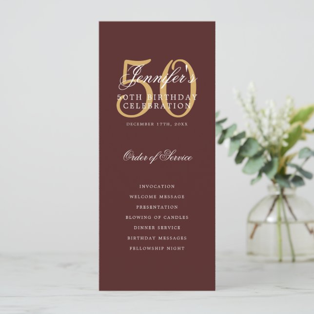 Burgundy Gold 50th Birthday Program w/ Menu Invitation (Standing Front)