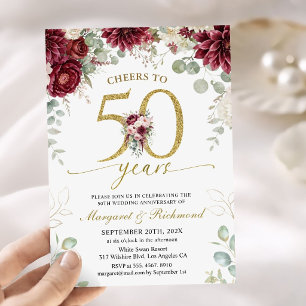 Burgundy Gold 50th Wedding Anniversary Floral Invitation