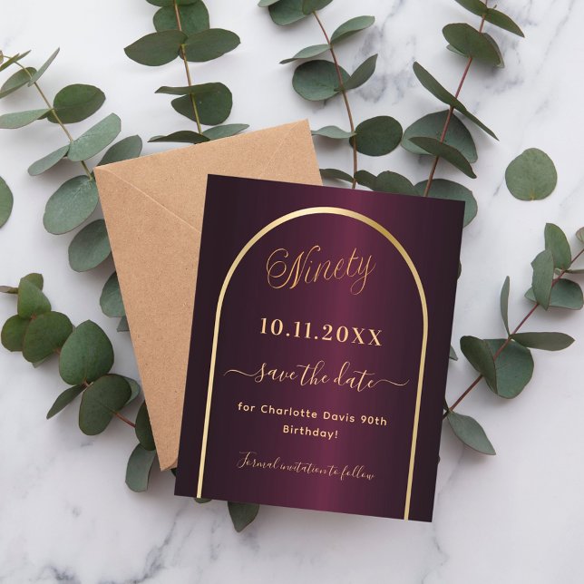 Burgundy gold 90th birthday budget save the date flyer (Creator Uploaded)