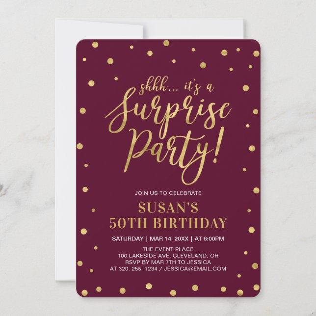 Burgundy & Gold Adult 50th Surprise Birthday Party Invitation (Front)