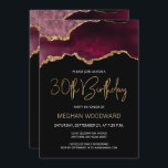 Burgundy Gold Agate 30th Birthday Party Invitation<br><div class="desc">This elegant 30th birthday invitation features a watercolor image of an agate geode in shades of burgundy red with faux gold highlights. The words "30th Birthday" appear in faux gold glitter in decorative modern handwriting font. Customise it with the name of the honoree in gold coloured text and the details...</div>