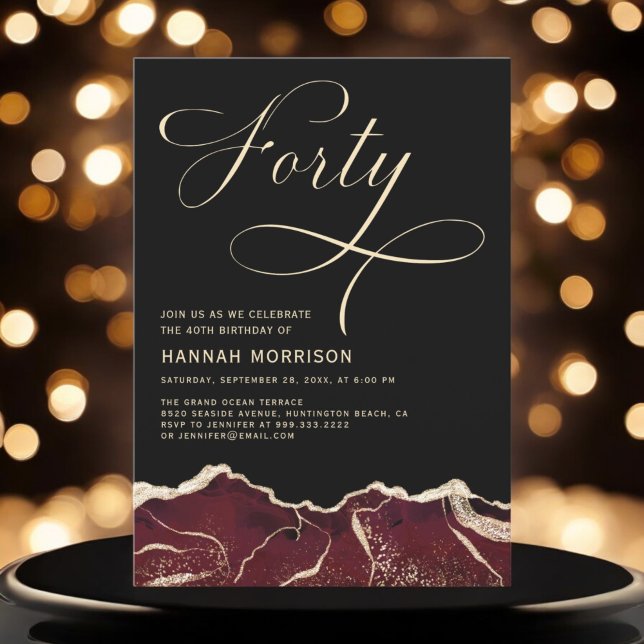 Burgundy Gold Agate 40th Forty Birthday Party Invitation (Creator Uploaded)