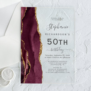 Burgundy Gold Agate 50th Birthday Party Acrylic Invitations