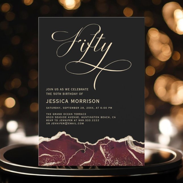 Burgundy Gold Agate 50th Fifty Birthday Party Invitation (Creator Uploaded)