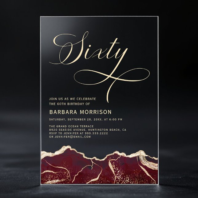 Burgundy Gold Agate 60th Sixty Birthday Party Acrylic Invitations (Creator Uploaded)
