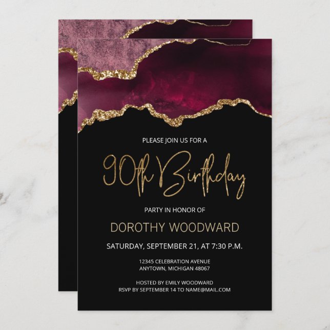 Burgundy Gold Agate 90th Birthday Invitation (Front/Back)