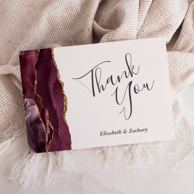 Burgundy Gold Agate Blush Wedding Flat Thank You Card (Creator Uploaded)