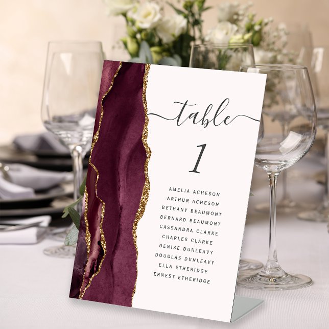 Burgundy Gold Agate Blush Wedding Table Number Pedestal Sign (Creator Uploaded)