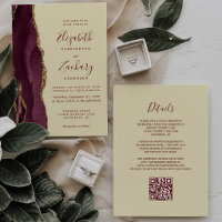 Burgundy Gold Agate Butter Yellow QR Code Wedding