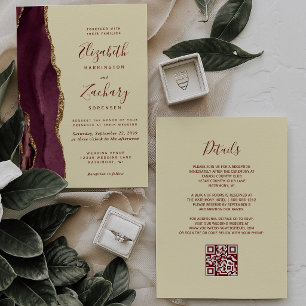 Burgundy Gold Agate Butter Yellow QR Code Wedding Invitation