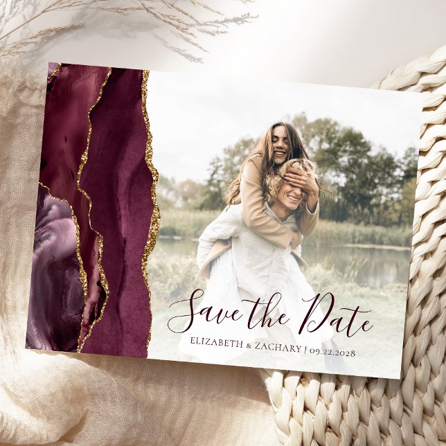 Burgundy Gold Agate Custom Photo Save the Date Postcard (Creator Uploaded)