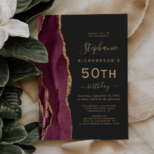 Burgundy Gold Agate Dark 50th Birthday Party Invitation