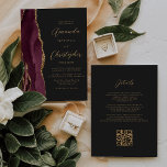 Burgundy Gold Agate Dark QR Code Wedding Invitation<br><div class="desc">The left-hand edge of this elegant modern wedding invitation features a burgundy red watercolor agate border trimmed with faux gold glitter. The customisable text combines gold-coloured script and sans serif fonts on a slate black background. The reverse side provides space for wedding details on a solid slate black background, along...</div>