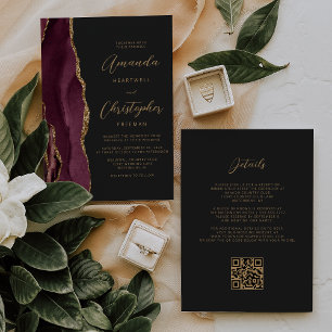 Burgundy Gold Agate Dark QR Code Wedding Invitation