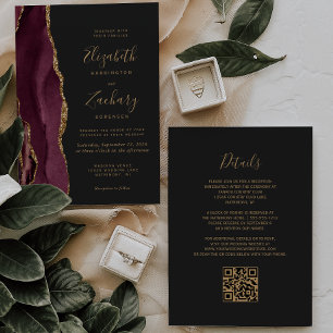 Burgundy Gold Agate Dark QR Code Wedding Invitation