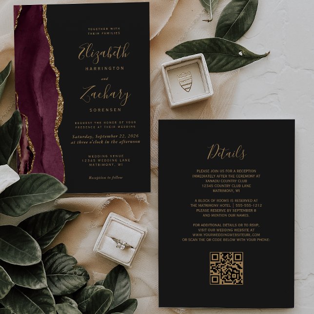 Burgundy Gold Agate Dark QR Code Wedding Invitation (Creator Uploaded)