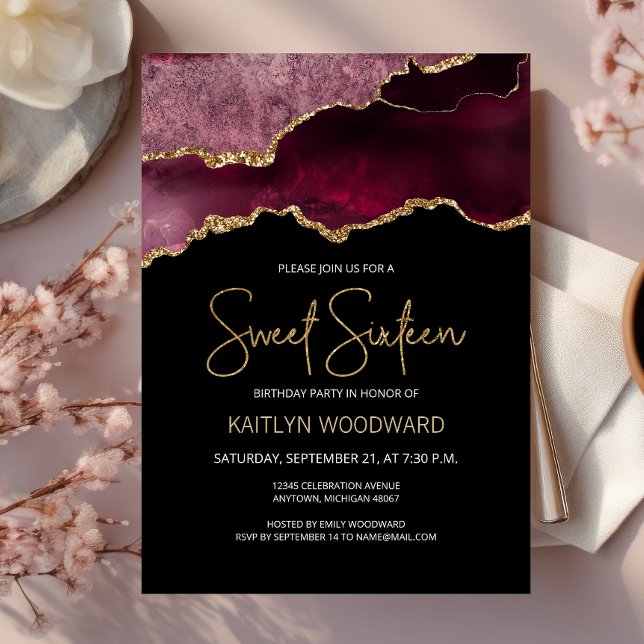 Burgundy Gold Agate Dark Sweet 16 Birthday Party Invitation (Creator Uploaded)