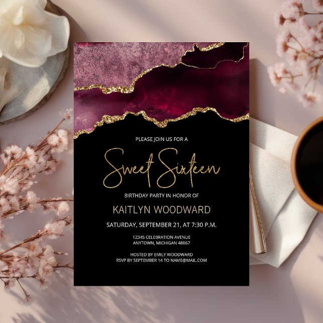 Burgundy Gold Agate Dark Sweet 16 Birthday Party Invitation (Creator Uploaded)