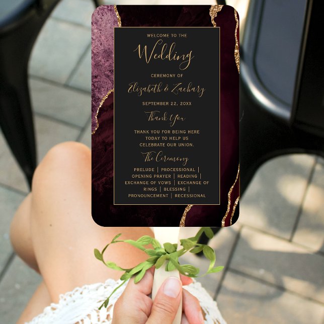 Burgundy Gold Agate Dark Wedding Program Hand Fan (Creator Uploaded)