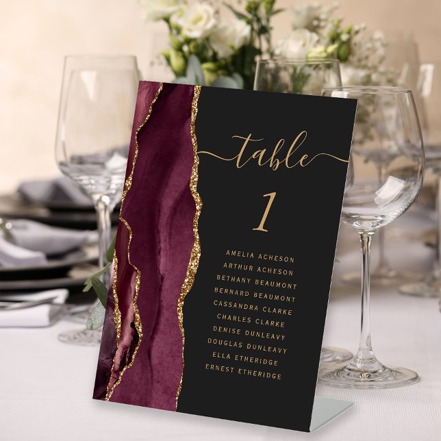 Burgundy Gold Agate Dark Wedding Table Number Pedestal Sign (Creator Uploaded)