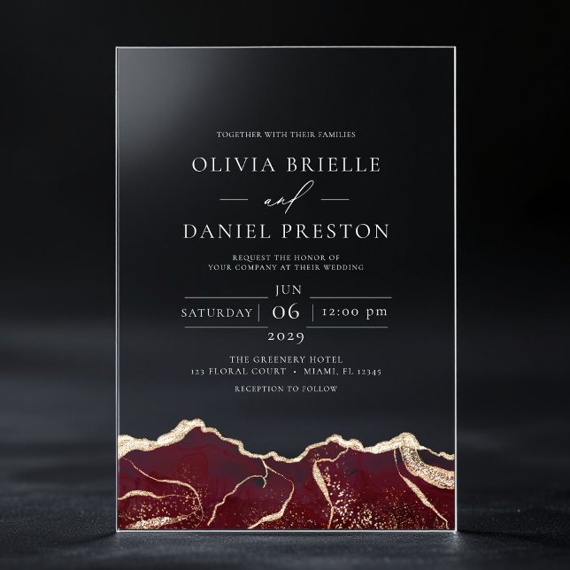 Burgundy Gold Agate Elegant Modern Wedding Acrylic Invitations (Creator Uploaded)