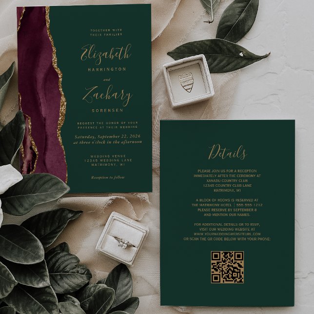 Burgundy Gold Agate Emerald Green QR Code Wedding Invitation (Creator Uploaded)