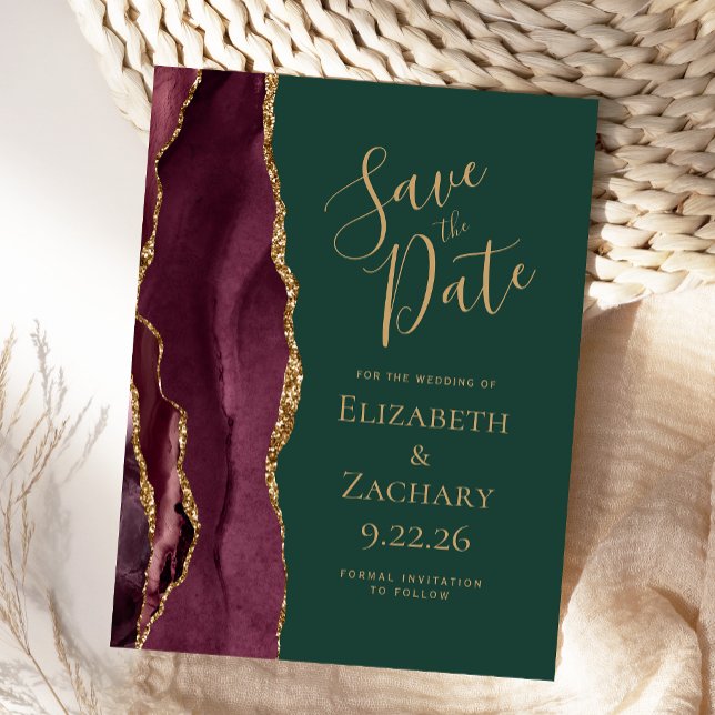 Burgundy Gold Agate Emerald Green Save the Date Announcement Postcard (Creator Uploaded)