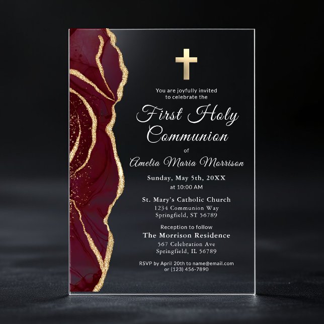 Burgundy Gold Agate First Holy Communion Girl Acrylic Invitations (Creator Uploaded)
