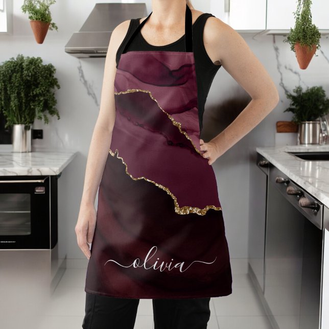 Burgundy Gold Agate Geode Gold Monogram Apron (Creator Uploaded)