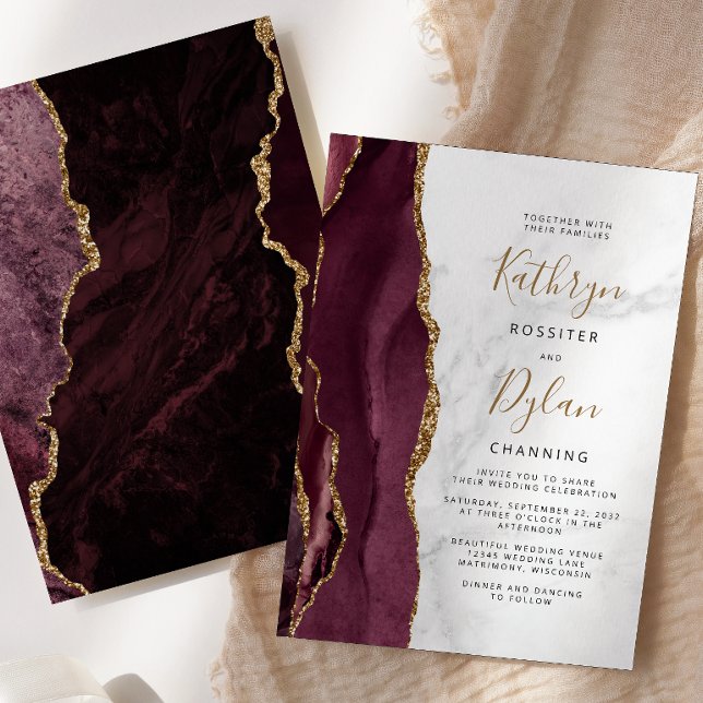 Burgundy Gold Agate Gray Marble Wedding Invitation (Creator Uploaded)