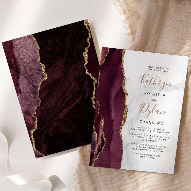 Burgundy Gold Agate Gray Marble Wedding Invitation (Creator Uploaded)