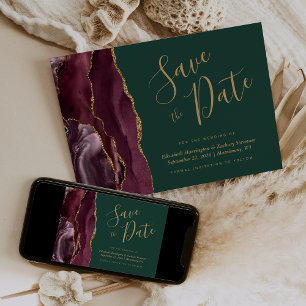 Burgundy Gold Agate Green Save the Date Card