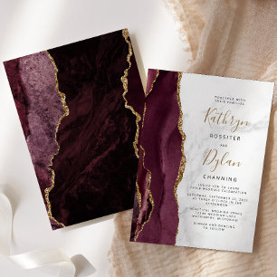 Burgundy Gold Agate Grey Marble Wedding Invitation