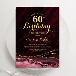 Burgundy Gold Agate Marble 60th Birthday Invitation<br><div class="desc">Burgundy and gold agate 60th birthday party invitation. Elegant modern design featuring marsala wine,  dark red watercolor agate marble geode background,  faux glitter gold and typography script font. Trendy invite card perfect for a stylish women's bday celebration. Printed Zazzle invitations or instant download digital printable template.</div>