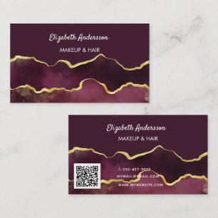 Burgundy gold agate marble elegant modern QR code Business Card