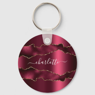 Burgundy gold agate marble name script  key ring