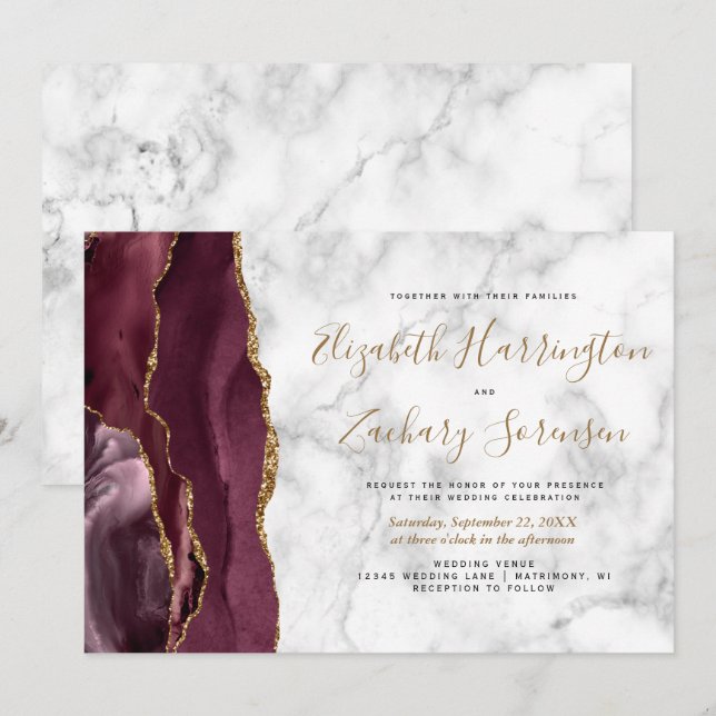 Burgundy Gold Agate Marble Wedding Invitation (Front/Back)